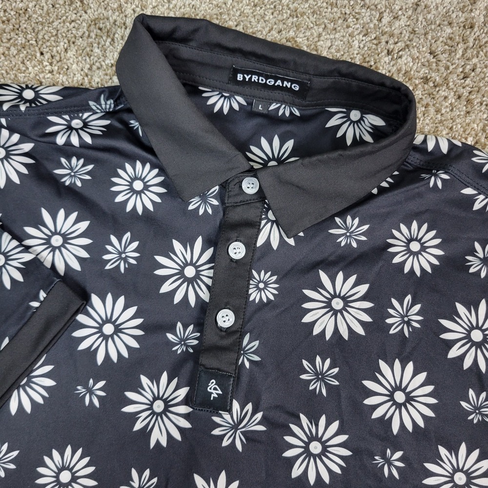 Byrdgang Mens Large Black White AOP Floral Performance Stretch Golf Polo SS
